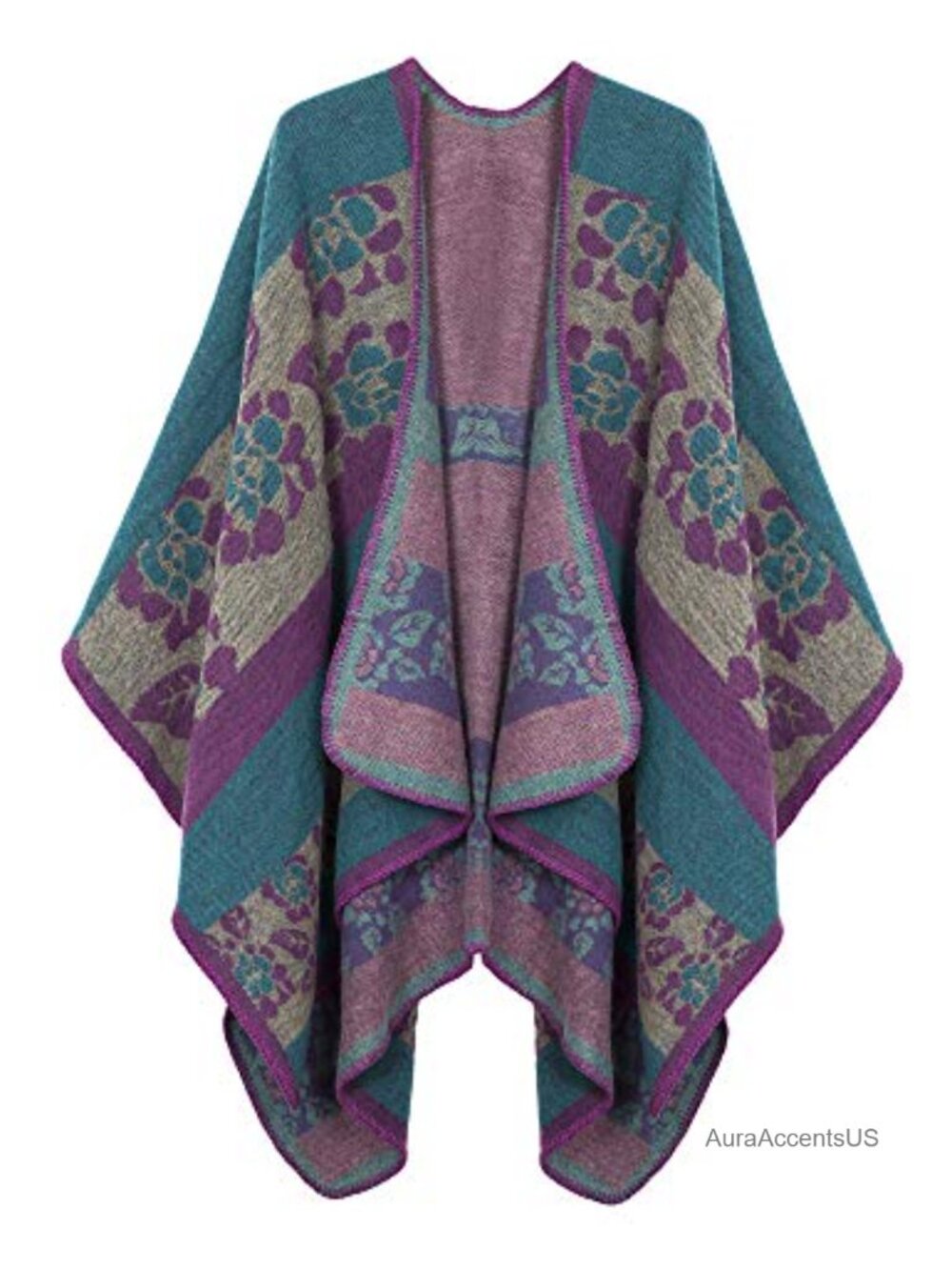 Open Front Poncho Shawl Wrap Cape Ruana Color Block Polyester